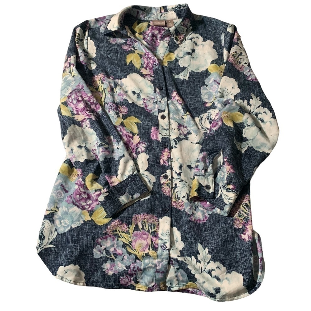 Chicos Blue Floral Blouse Size 1 Small Button Front Top Roll Tab Sleeves Shirt